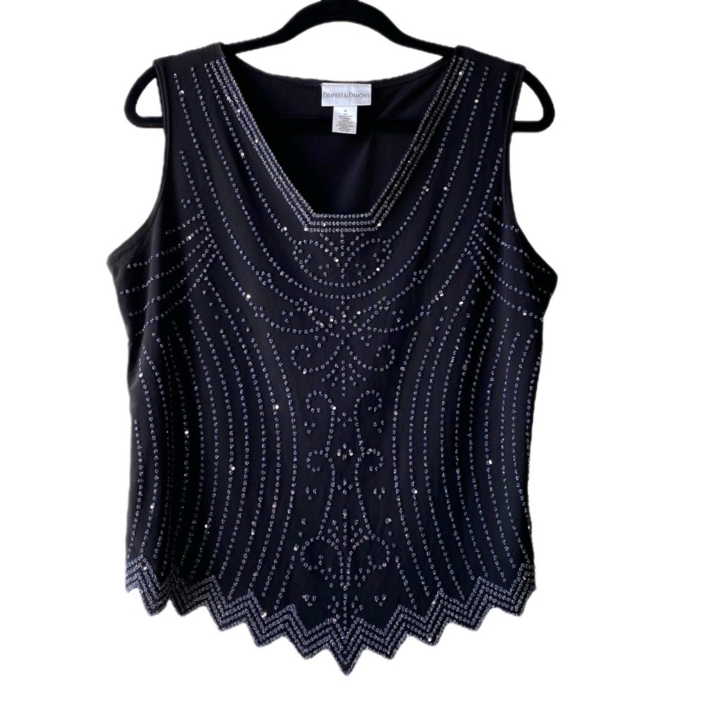 LAST CHANCE SALE! Art Deco Black Embellished Zig Zag Hem Tank Top, XL
